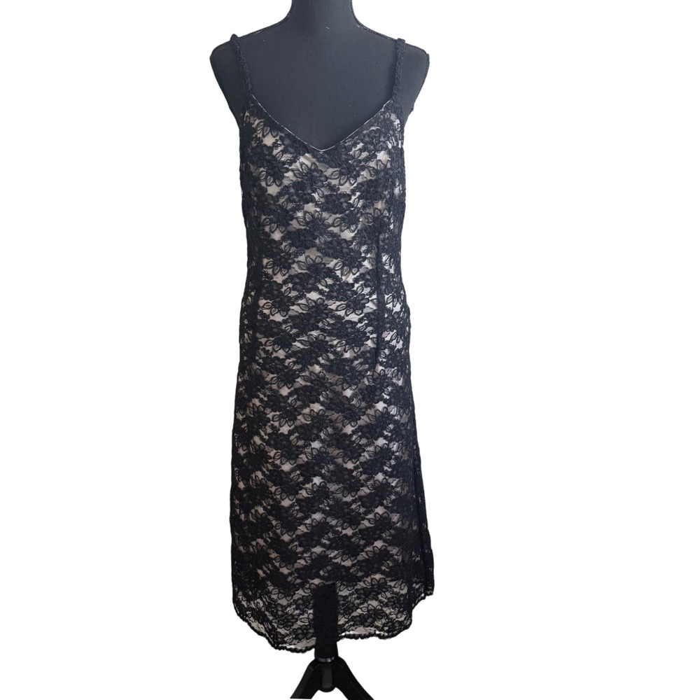 Vtg Mercy Jones Womens Whimsigoth Black Floral Lace Midi Slip Dress L Romantic